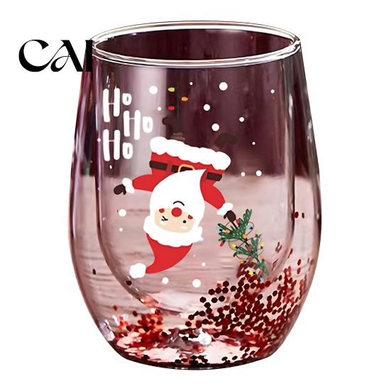 Anti Scalding Heat Resistant Cup Double Layer Glass Cup, with Santa Claus/Small Tree/Stack/Bag Patterns Decor, Family Gathering Tableware Quicksand