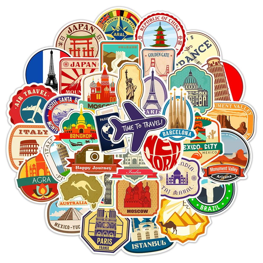 10/30/50pcs Retro World Travel City Landmark Stickers Cartoon Landscape Decals DIY Water Bottle Phone Luggage Sticker Decoration