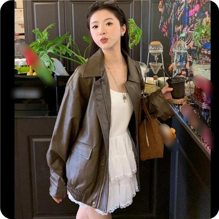 Mittellange Jacke Oberteil Retro Braun Revers PU Lederjacke Damen Herbst und Winter High-End Locker