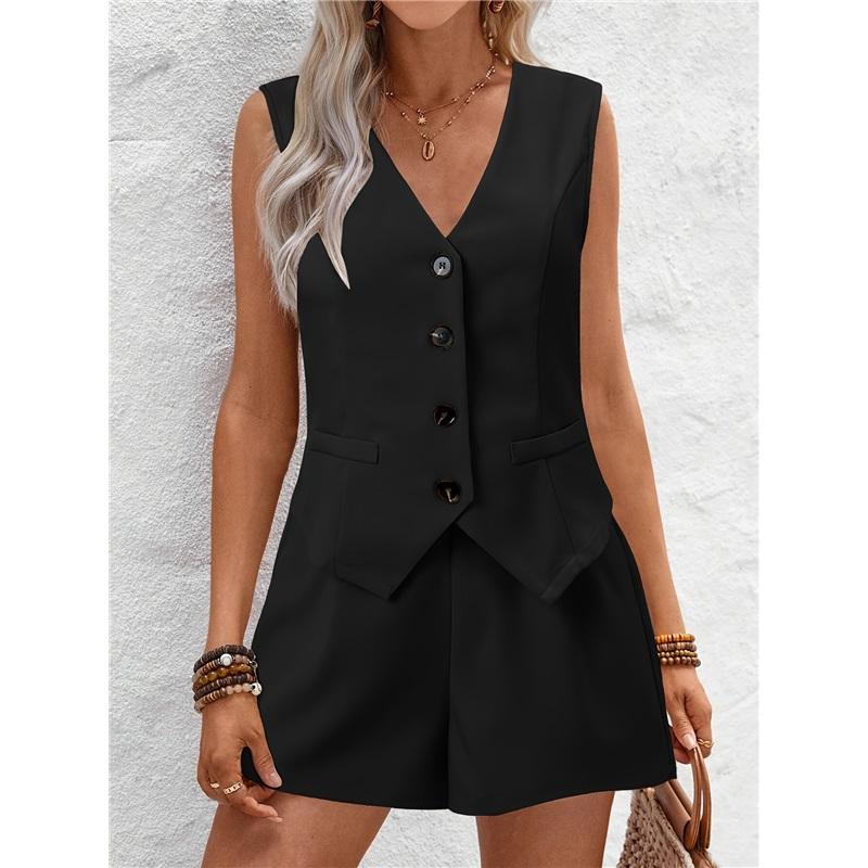 Dámský nový elegantní městský V výstřih knoflíková dekorace vesta šortky krátký dvoudílný oblek pro ženy