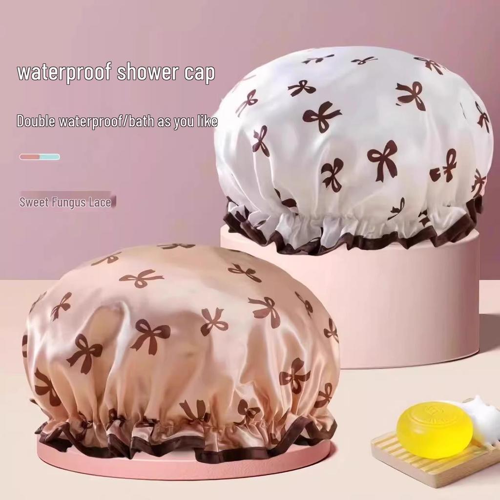 Double-Layer Waterproof Shower Cap for Women - Bath, Anti-Wet, Kitchen Oil Fume, and Thickened Dry Hair Protection.
