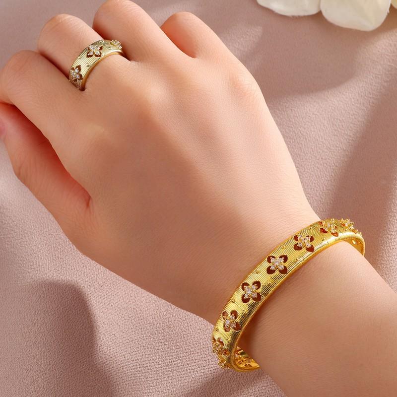 New Chinese Style Vintage Clover Jewelry Set Women Hollow Wire Drawing Bracelet Ring