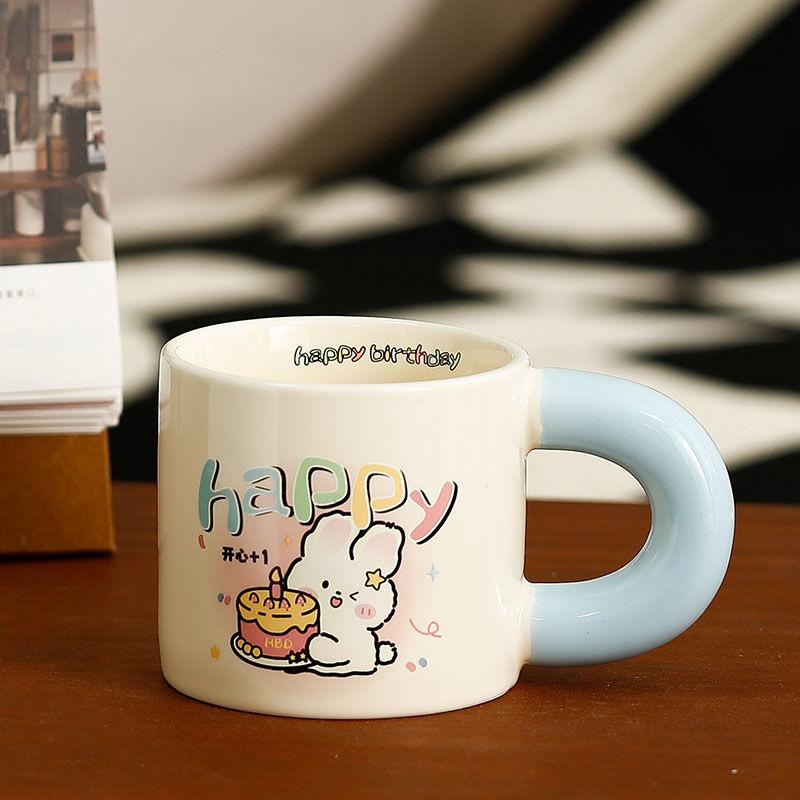 High Value Cartoon Puppy Straw Cup Girl Cute Ceramic Mug with Lid Couple Water Cup Birthday Gift
