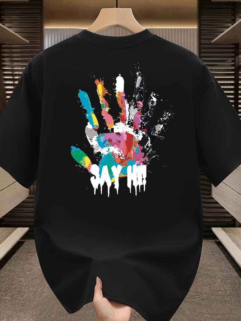 Men's Summer 100 Cotton Fashionable Casual Sports Loose Large Size Color Handprint Round Neck Short Sleeve T-shirt Top