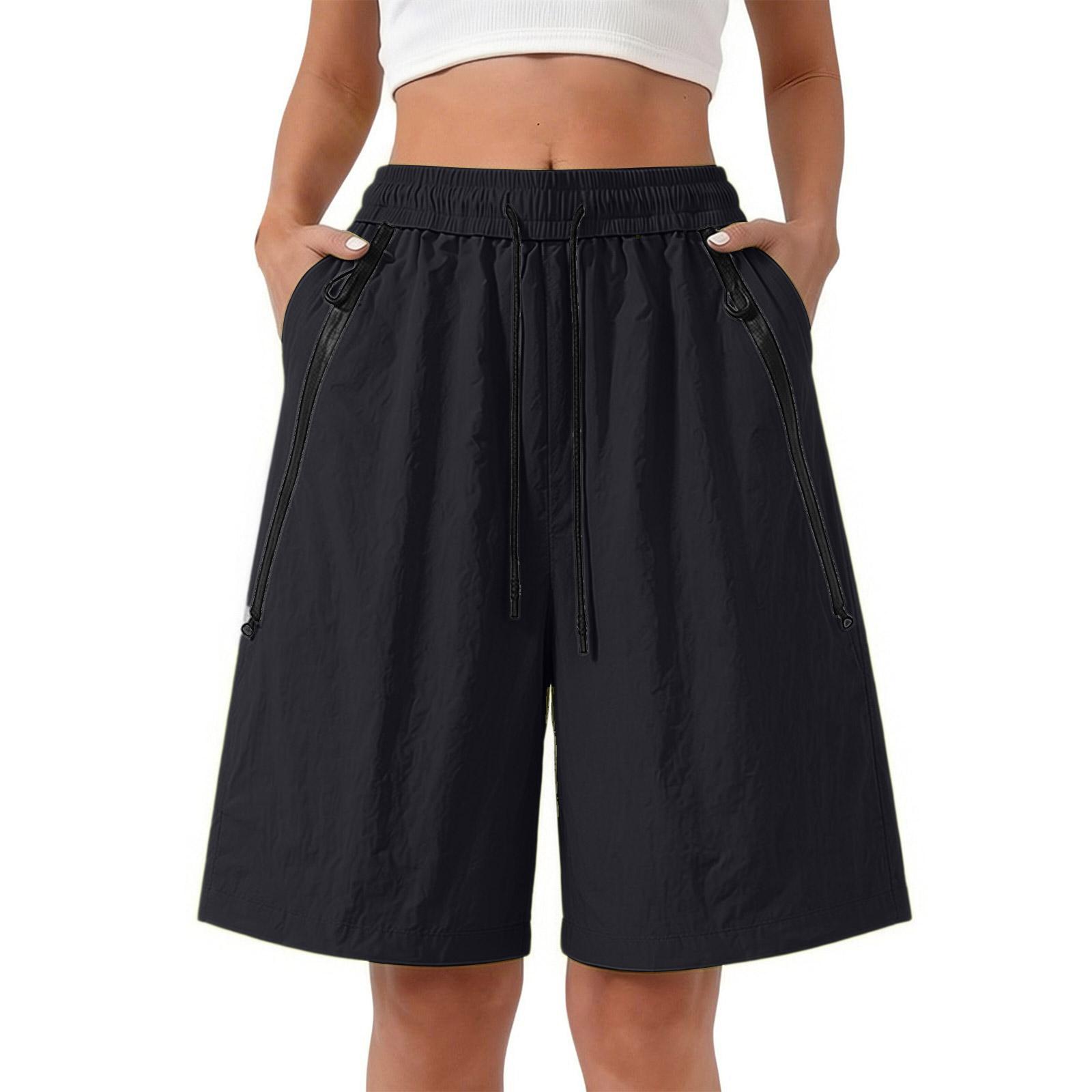 Women Loose Fit Casual Five Shorts Quick Dry Breathable Relaxed Fit Utility Shorts with Elastic Waistband and Drawstring S чёрный