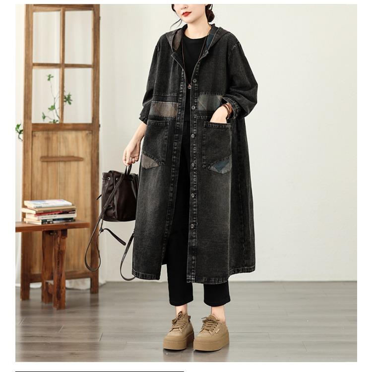 European Style Patchwork Denim Jacket Women Hooded Loose Fit Long Trench Coat Autumn Oversized Outerwear Plus Size