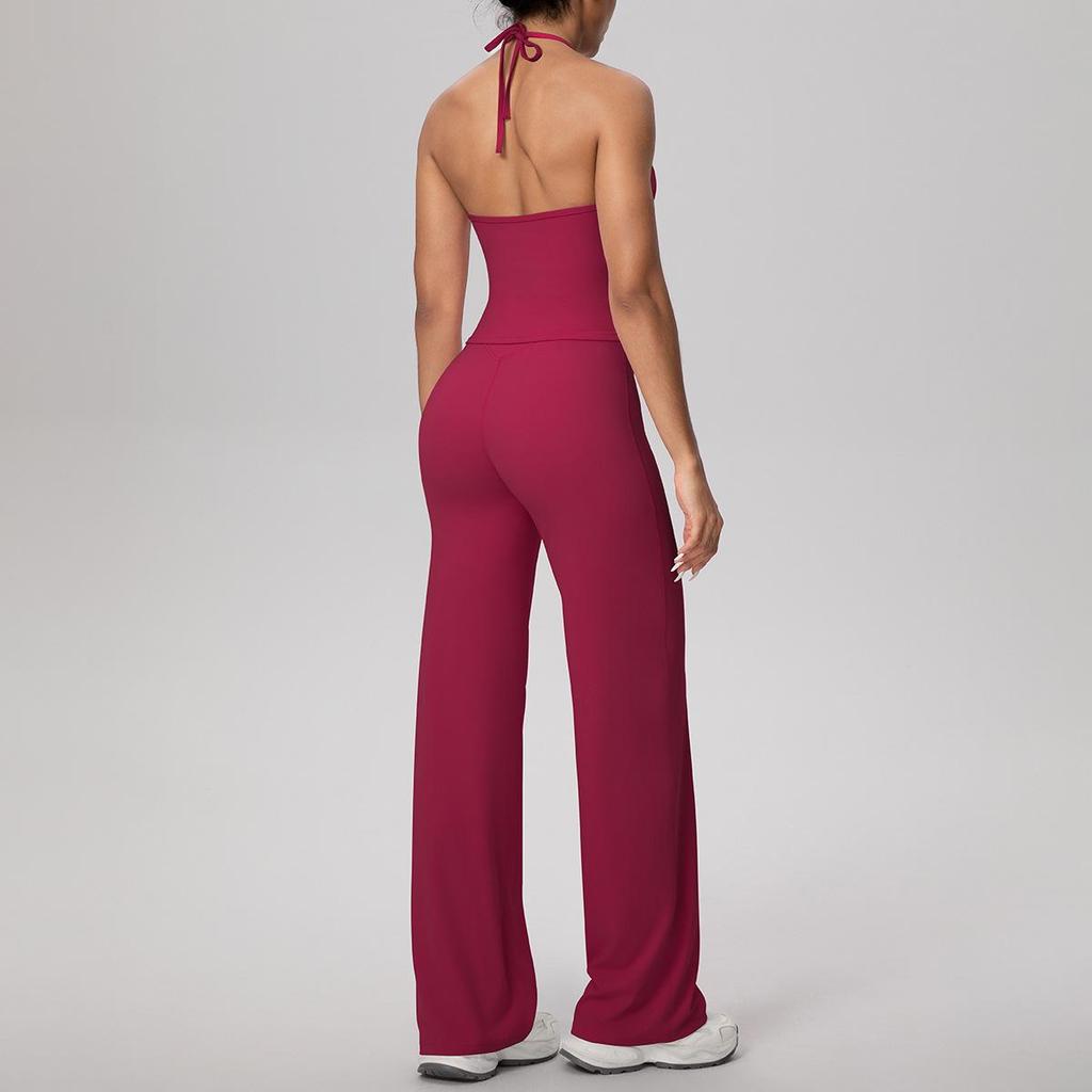 Cross-Back Halter Yoga Tank & High-Waist Wide-Leg Pants Set