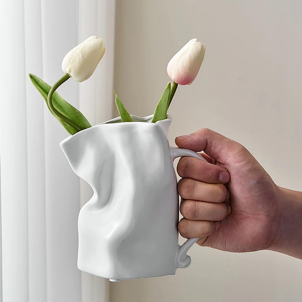 Nordic Pleated Ceramic Vase Home Decor Luxury Living Room Decoration Flower Pots Cachepot for Flowers Modern Decorative Vases