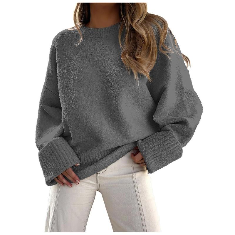 Womens Oversized Crewneck Long Sleeve Fleece Knit Sweater Fall Winter 2026 Soft Warm Casual Streetwear