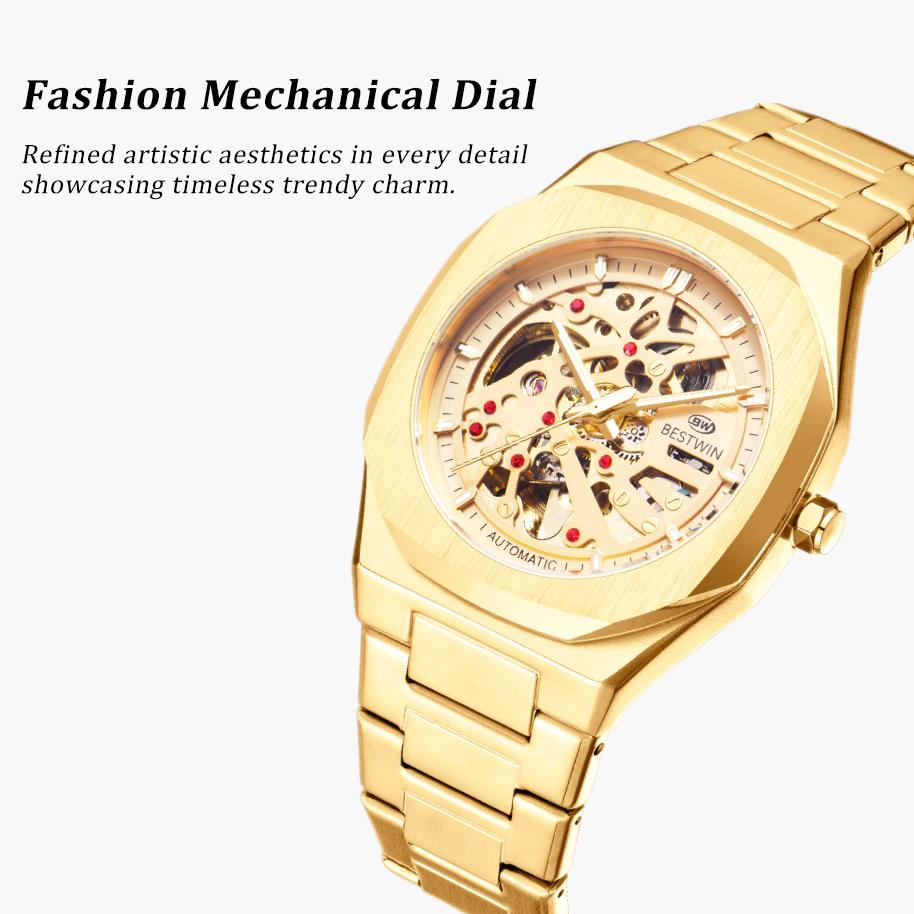Automatic Mechanical Watches for Men Skeleton Hollow Dial Luminous Wrist Watch Steel Strap Square Case Watch Waterproof