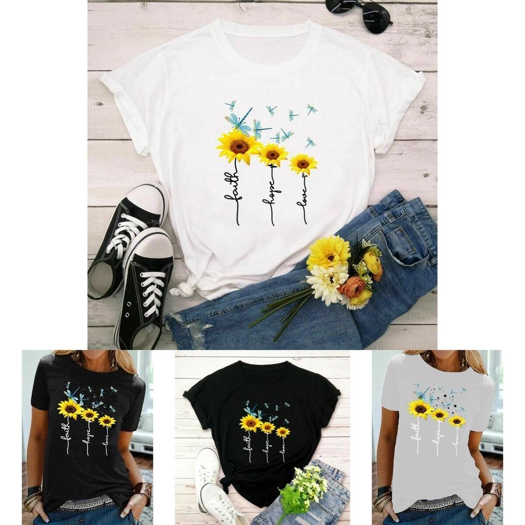 Stylish Women Floral Daisy Printed Basic T-shirt Versatile Short Sleeve Blouse For Casual Wear