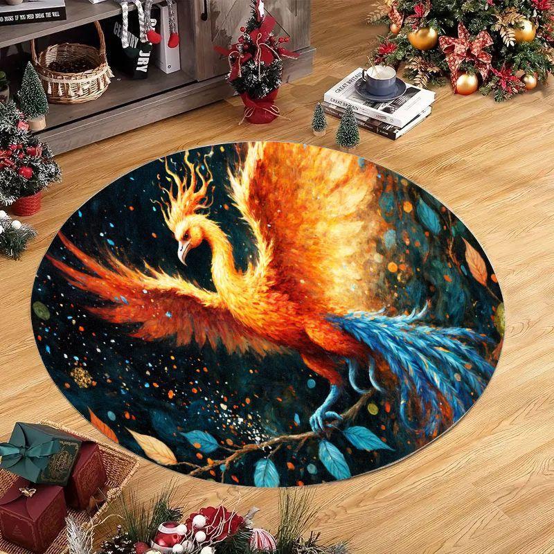 Phoenix Rising Fire Bird Round Mat Fleece Artistic Fantasy Rug Mythical Creature Home Decor Spiritual Energy Floor Covering 60cm x 60cm