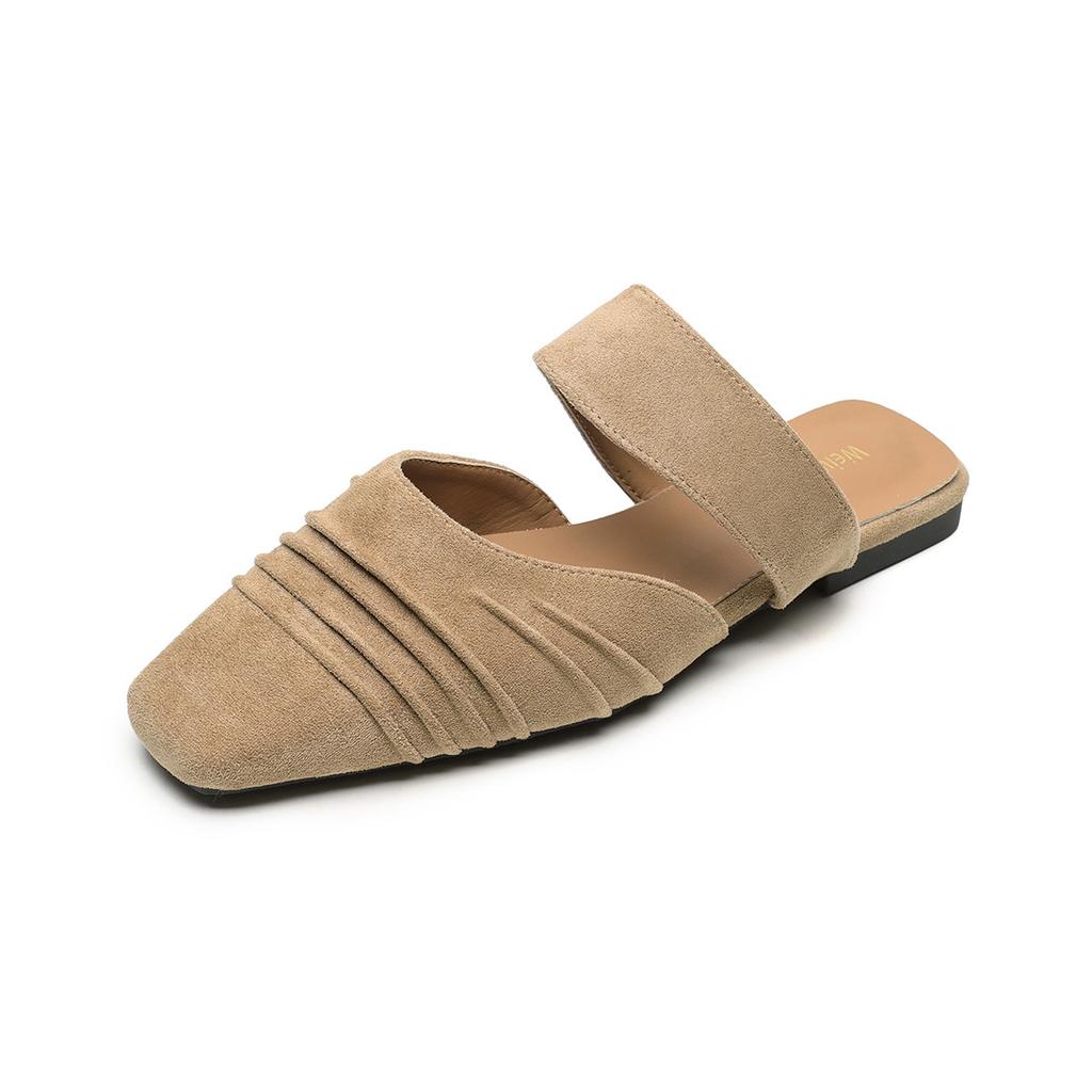 BULAGE suede pleated baotou half slippers women's outer wear 2025 summer new one-pedal low-heeled lazy muller shoes