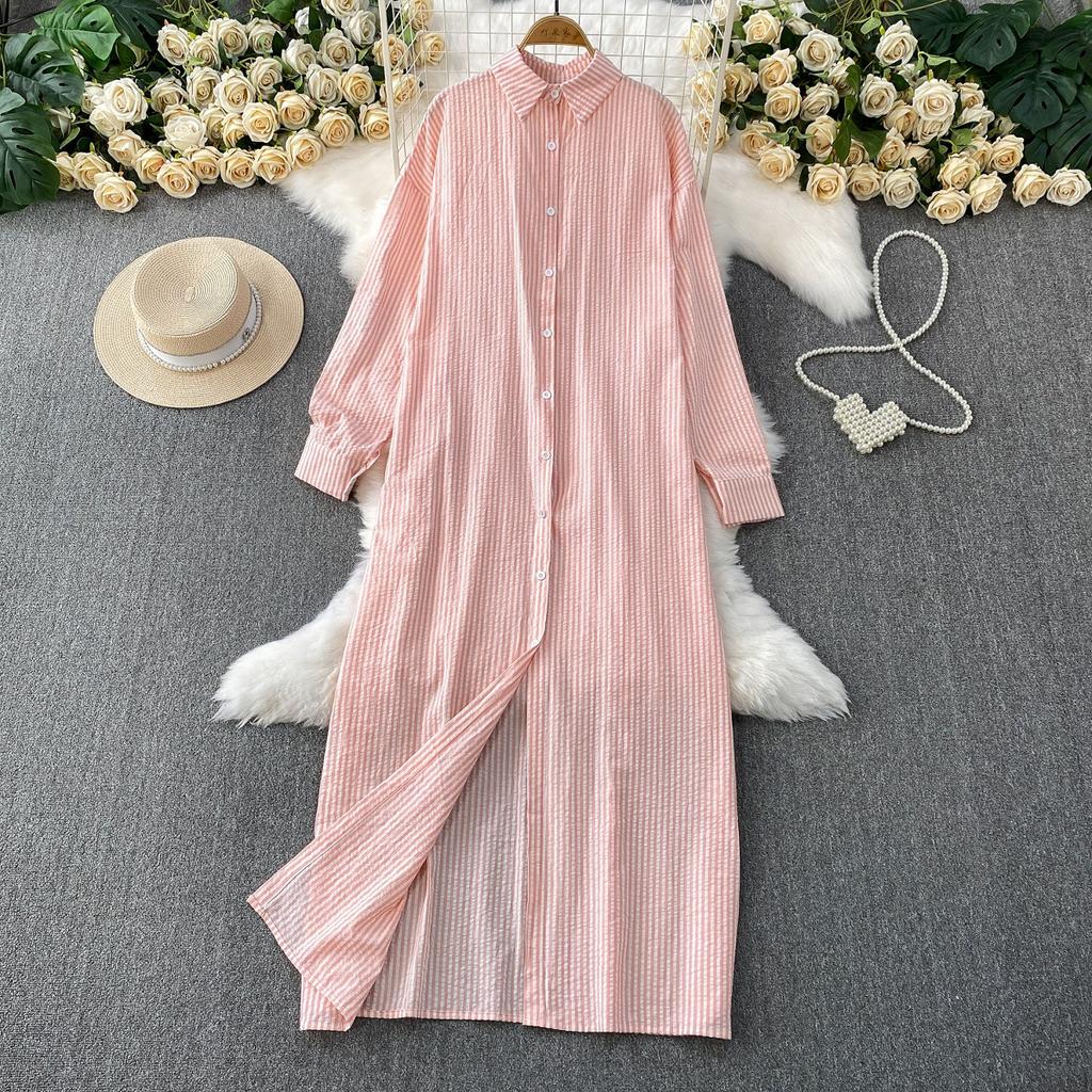 Wind casual temperament striped lapel shirt dress women's new single-breasted loose and thin dress