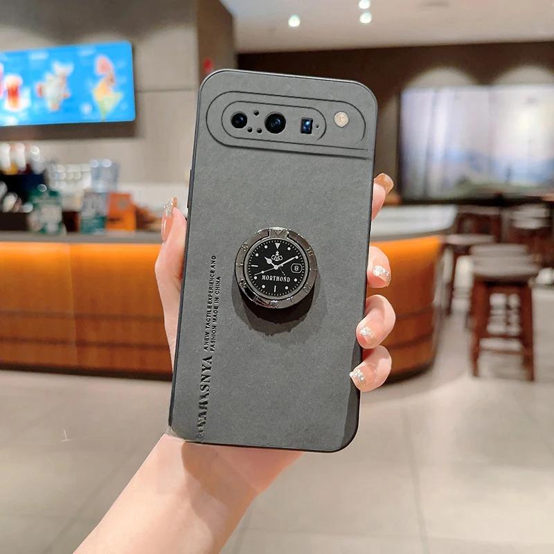 For Google Pixel 9 Pro XL Sheepskin Leather Ring Stand Holder Phone Case For Pixel 9Pro XL Matte Lens Protection Shockproof Back Cover