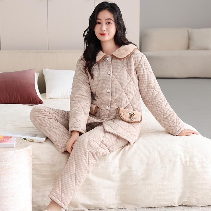 Gewebter, wattierter Damen-Winterpyjama aus reiner Baumwolle, dreilagig, dick gefüttert und mit Samt bezogen, Loungewear-Set für Herbst und Winter