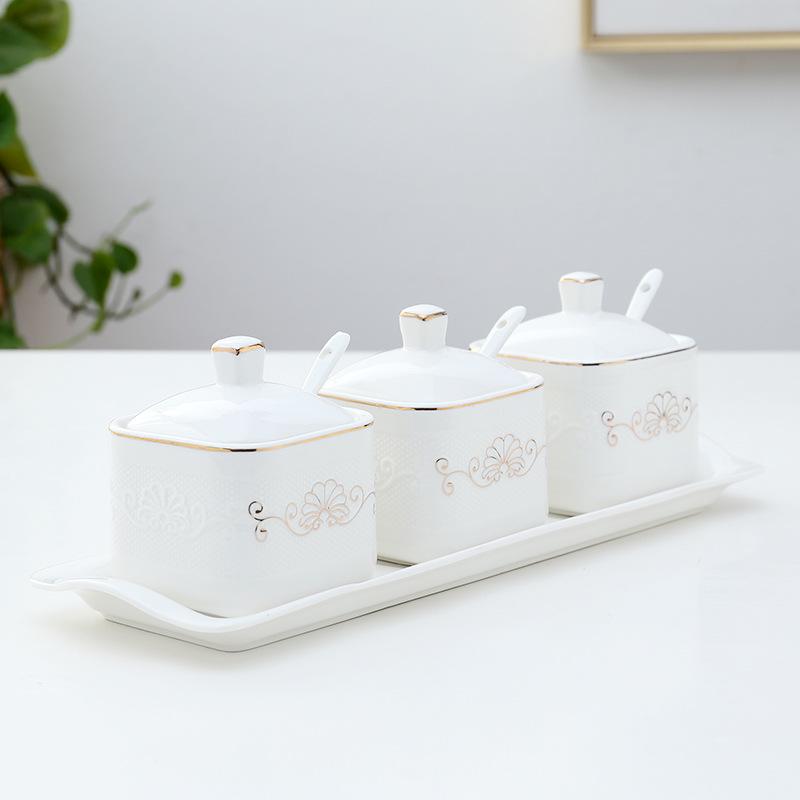 Lotus Ceramic Condiment Jar Set for Salt, Sugar, Soy Sauce, and Vinegar