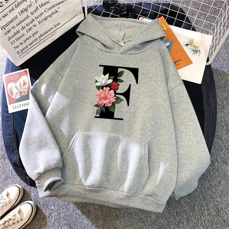 New in Womens Hoodies Casual Letters A-Z Printed Sweatshirts Sportswear Outdoors Sports Jogging Woman Clothing Running Grey Tops