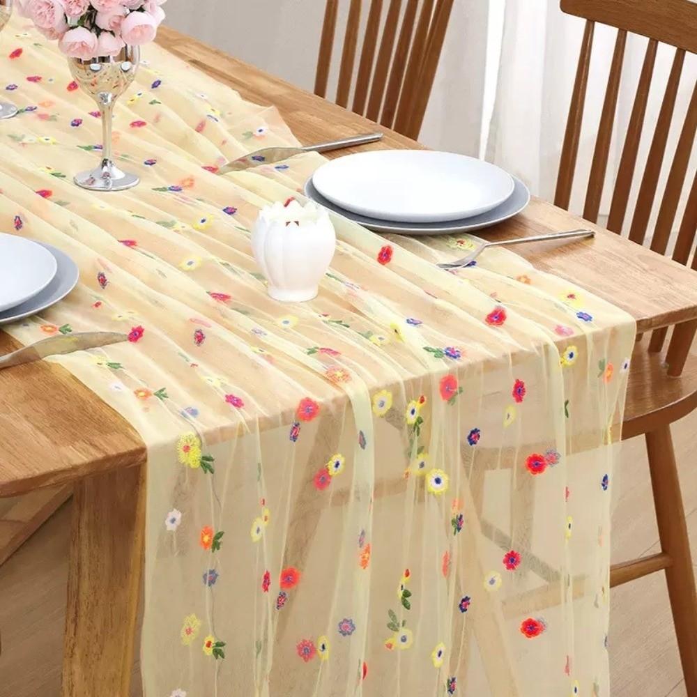 Colorful Flower Lace Tulle Runner Embroidery Daisy Floral Table Cover  for Bridal Shower