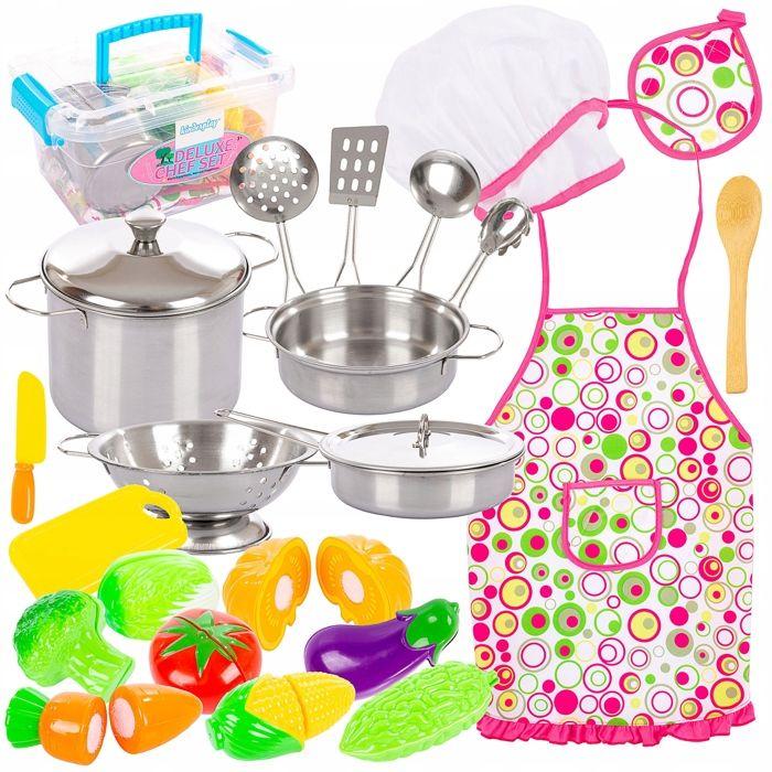 Coffret Petit Chef 24 pièces: casseroles métal, légumes à scratch, tablier et toque - Kinderplay (KP1570)