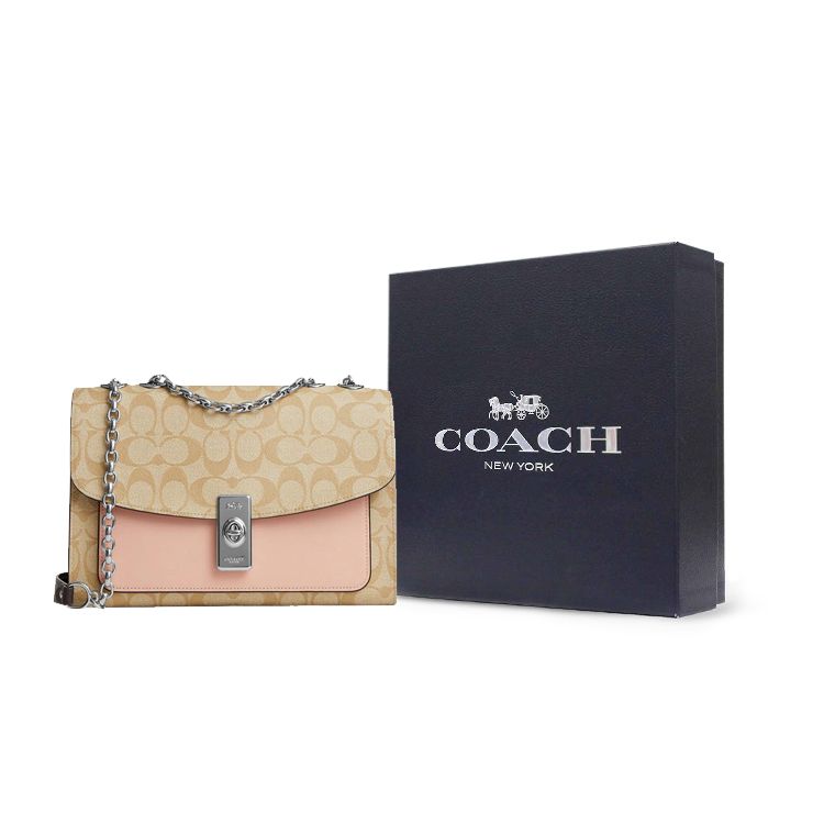 Coach Lane 26 Monogram Flap Color Block Coated Canvas And Smooth Leather Satchel Chain Crossbody Shoulder Bag Medium Women Bags CJ861-SVVSB