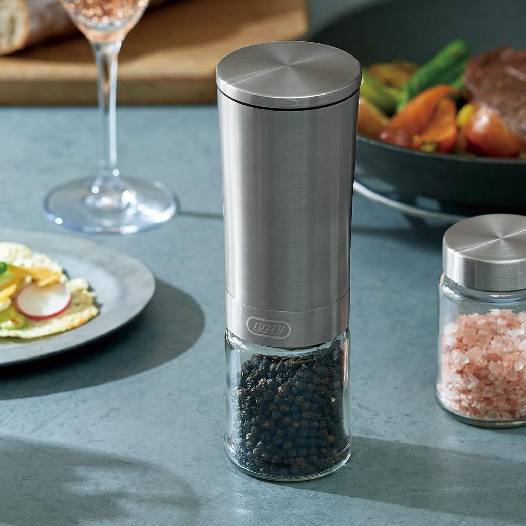 Electric Salt Pepper Mill Just Tilt Ceramic Blade Grind Stepless Adjustment Battery Operated Bottle 100ml with Lid Stainless Steel Stylish [Toffy] &