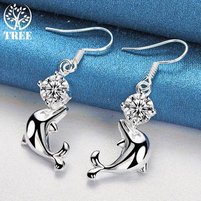 925 Sterling Silver Dolphin AAA Zircon Drop Earrings Jewelry