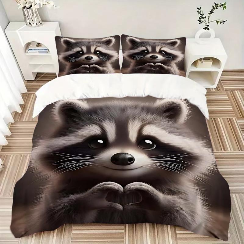 3pcs Raccoon with 1 Comforter and 2 Pillowcases (No Core) - Cute Animal for Bedroom, Festival Gift, Polyester Fabric, Anime Design, Suitable for Livin