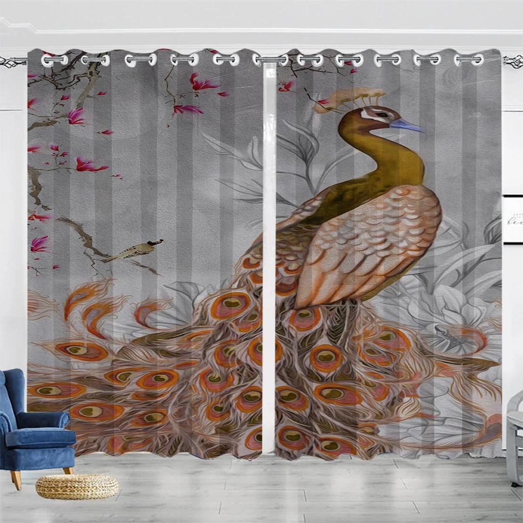 Green Peacock Feather Blackout Curtains Beautiful Watercolor Bird Flower Peony Pattern Livingroom Decor Shading Cloth Drape 2Pcs