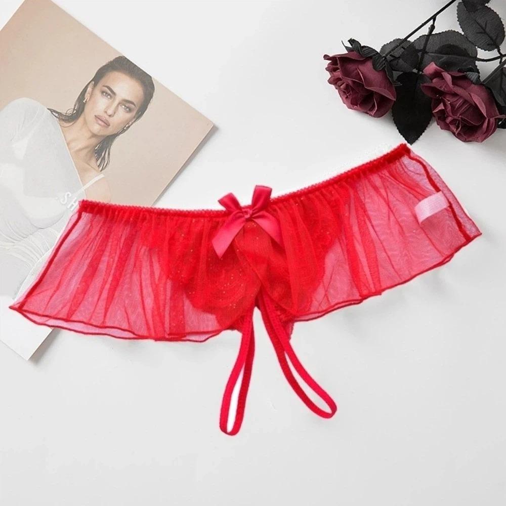 Open-crotch Lace Mesh Women Thong Sparkling Skirt Decor T-Back Panties  Wedding Night Bride