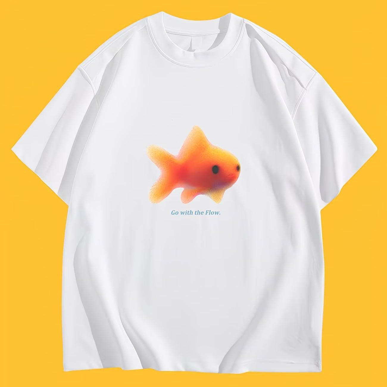 

Aesthetic Goldfish Graphic TShirt Go With The Flow Slogan Print Summer Short Sleeve Harajuku Kawaii Casual Streetwear Tee Top S