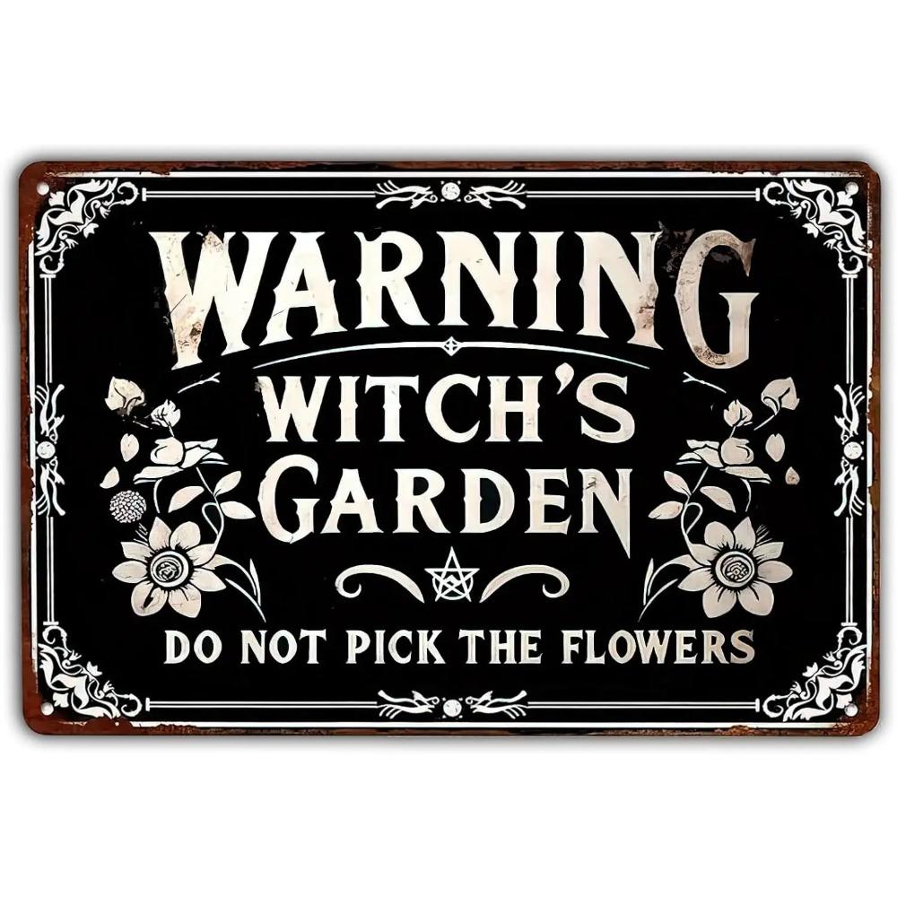 1 Stück  Warnung Hexengarten Kein Blumenpflücken  Retro Blechschild - Hexe Halloween Metall Deko Poster für Zuhause 20x30cm