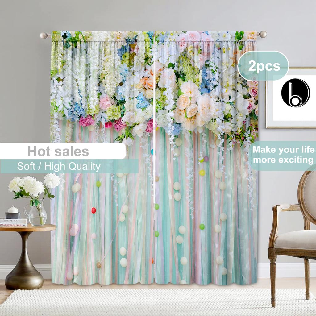 2PC Home Decoration Curtains, Various Flowers With Pole Pocket Curtains, Suitable For My Coffee Shop, Living Room, Study Farm
