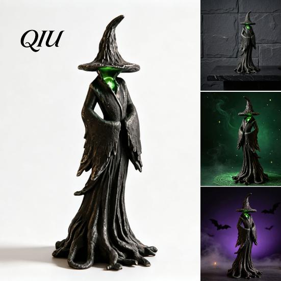 Indoor Outdoor Holiday Decor Halloween Witch Statue, LED Light Up Gothic Resin Figurine, Wicked Display Dark Fantasy Mysterious Sculpture for Desktop