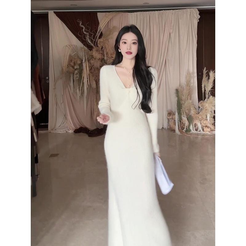 

[] Rich family daughter senior sense wear long-sleeved v-neck white knitted dress women s autumn S белый