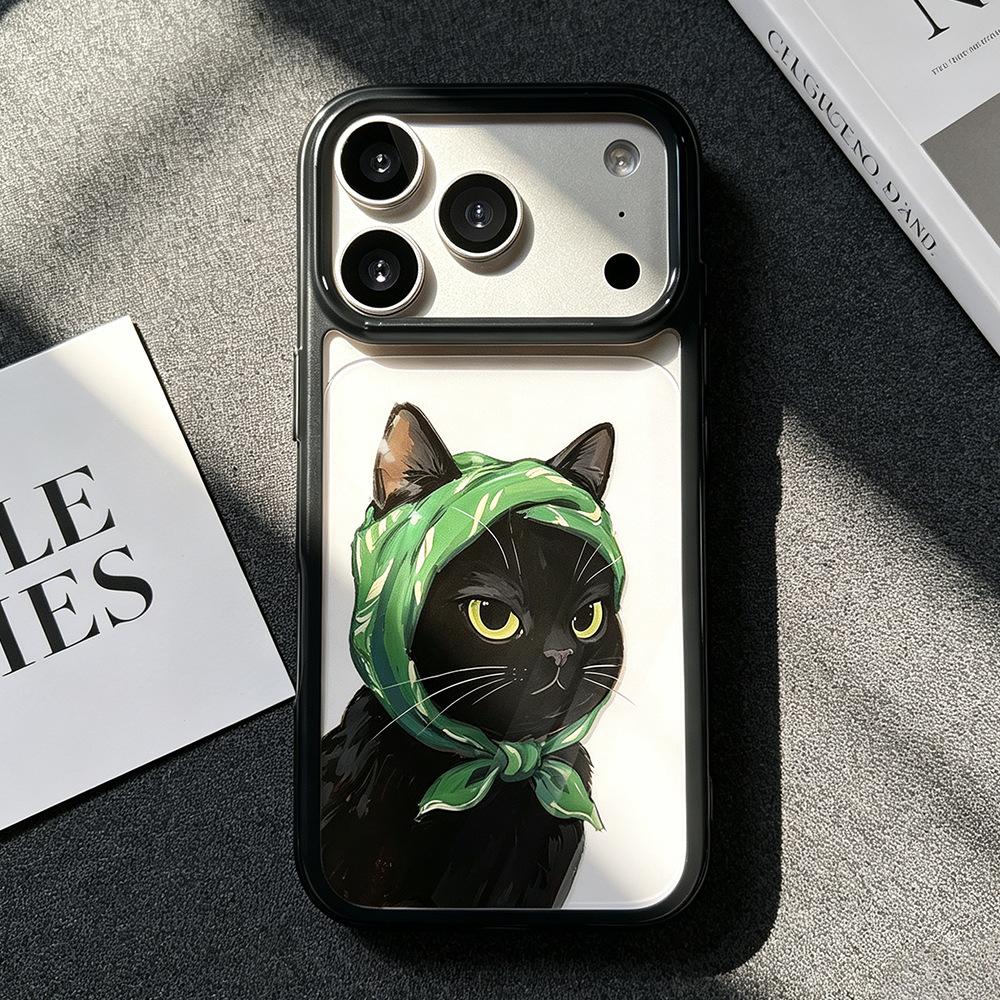 Green Headscarf and Black Cat Are Suitable for iPhone17Pro Mobile Phone Case, Anti-drop Apple 16/15 Transparent Protective Case 14 New Models.