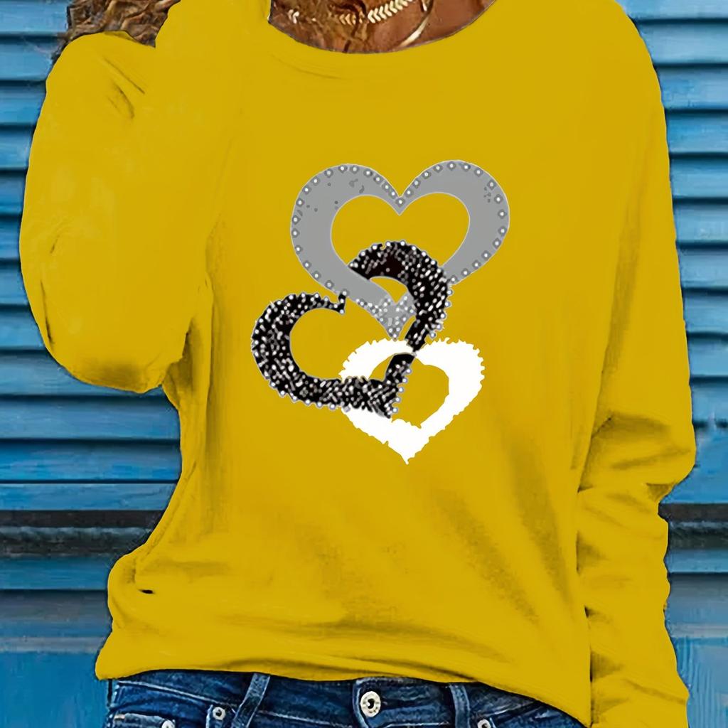 Spring and Autumn Women's Casual Long-sleeved T-shirts, Heart-shaped Round Neck T-shirts, Women's Clothing