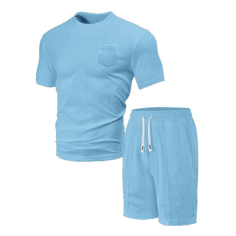 Men's New Summer Sports and Leisure Loose Thin Waffle Short-sleeved Shorts Set