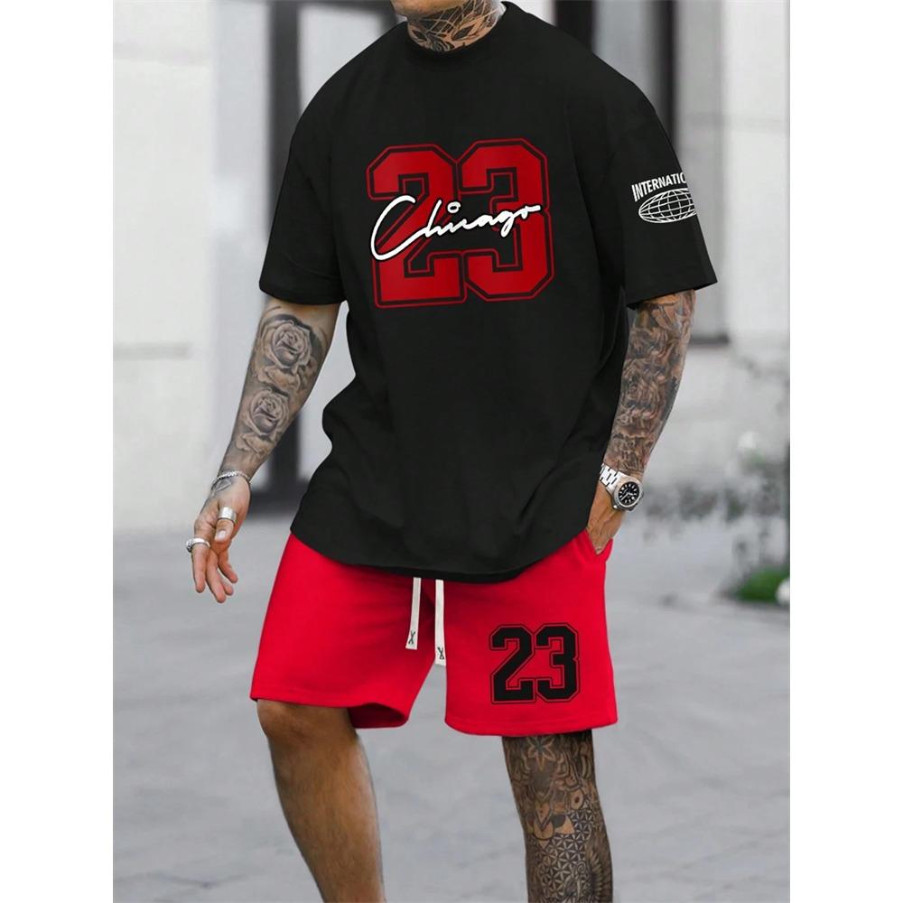 Tuta Sportiva da Uomo a 2 Pezzi Manica Corta 2024 Moda 23 T-shirt Girocollo Stampata Digitalmente e Set di Pantaloncini con Coulisse