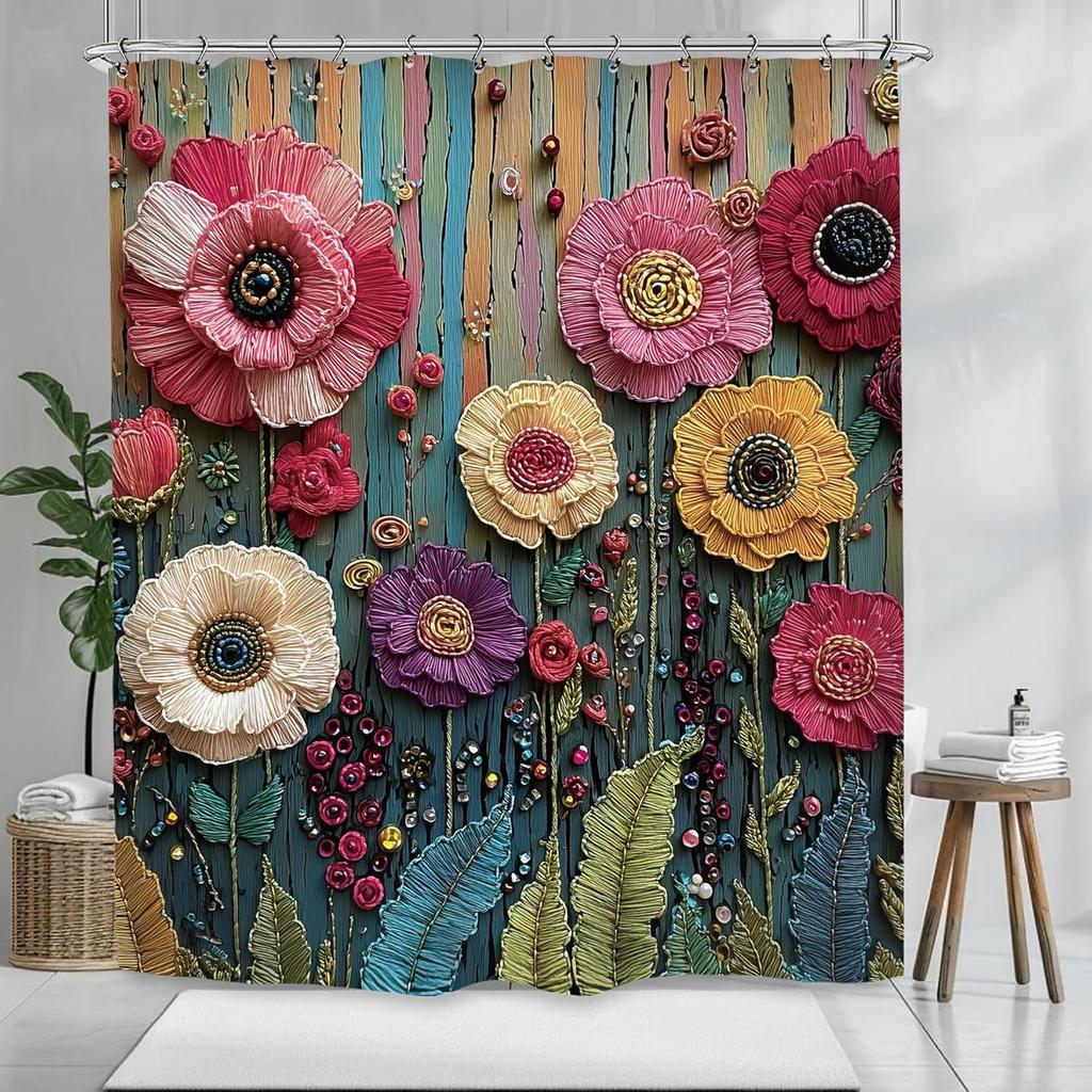 2D Embroidered Flower Shower Curtain 72X72 Inches Colorful Wooden Style Bathroom Decor Artistic Design