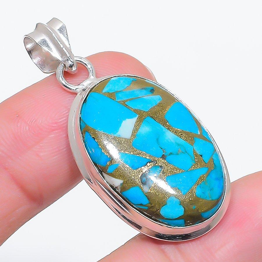 Natural Copper Blue Turquoise 925 Sterling Silver Jewelry Pendant 1.77" v5m62