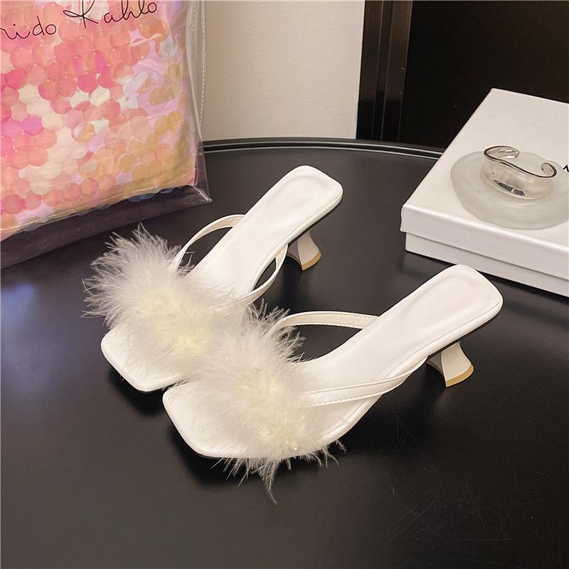 Fairy wind fluffy cool slippers female summer wear 2025 new thin heel square head gentle sexy high heels with skirt