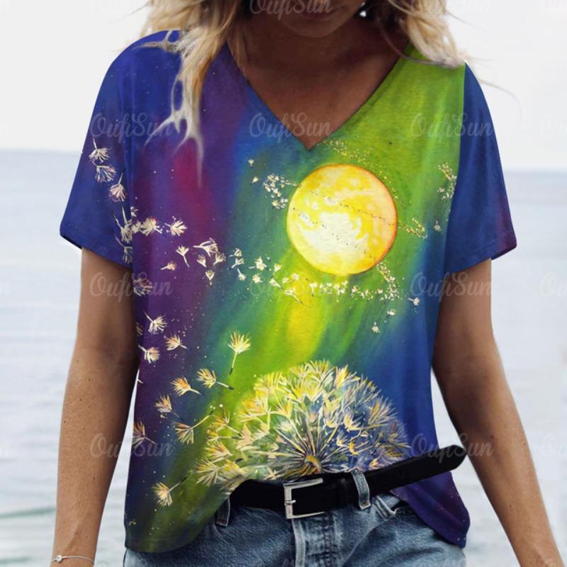 Women Short Sleeves V-Neck T-Shirt Oversized Beautiful Clothing Loose T Shirt Clothing Woman Flowers Print Top Pullover Outdoor