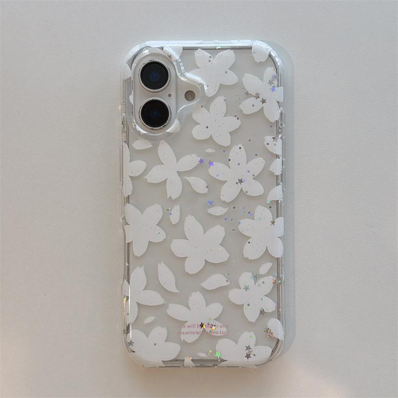 Double-Sided IMD Transparent White Flower Phone Case For iPhone 17 Pro 16 15 14 Pro Max with Lace Bow Charm Shockproof Cover For iPhone 17ProMax