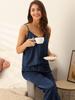 Cheibear Satin Pajama Sleep and Storage Soft Navy Size XS Women's 5-Piece Set, Cami, Shorts, Pants, Sleepwear, Mask, Bag, Ruffles, Blue,