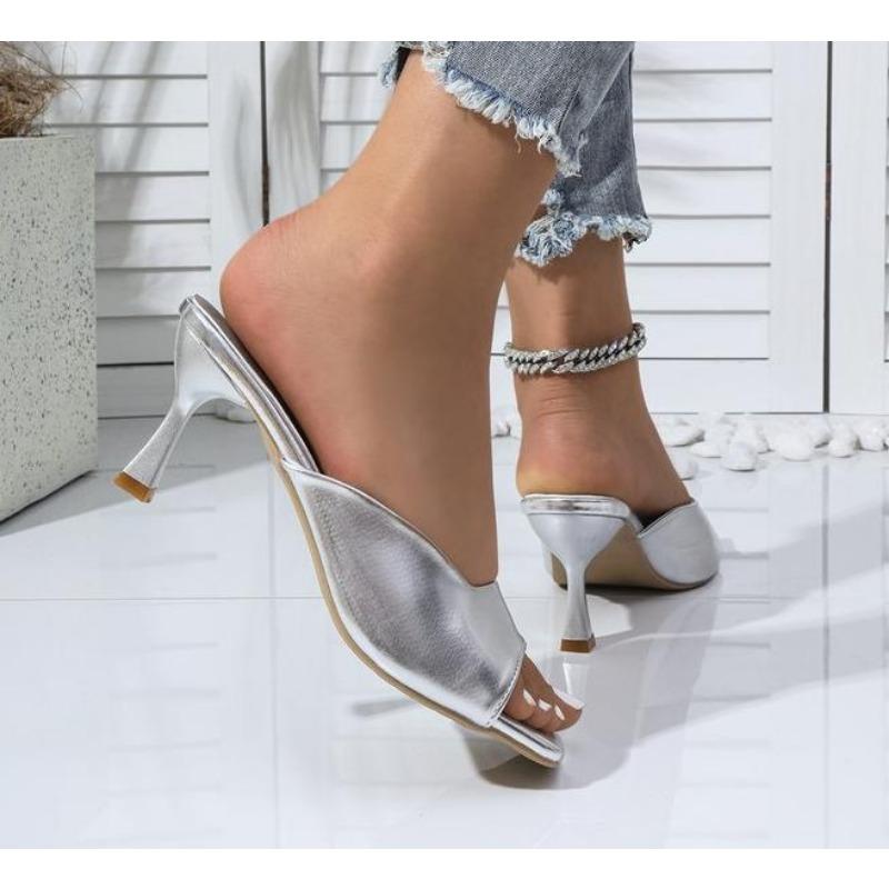 Luxury Gold Silver High Heels Sandals Women 2025 Slip On Square Toe Summer Slippers Woman Plus Size 43 Thin Heeled Party Shoes