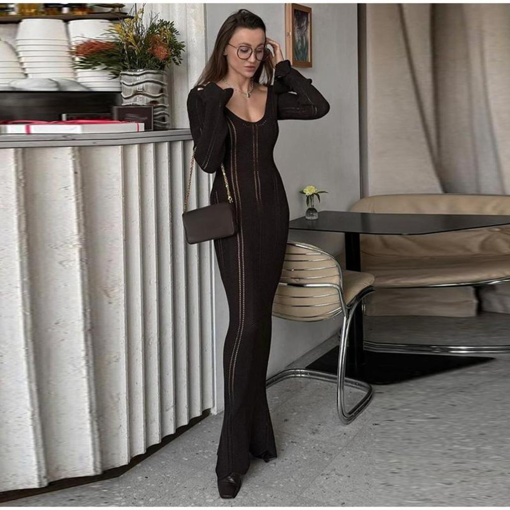 Knit Slim Round Neck Hollow Out Women Dress Summer Solid Soft Long Sleeves Lady Robe