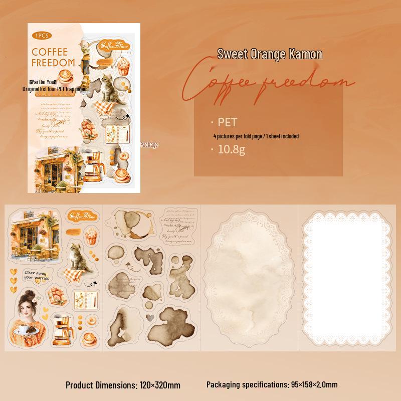 Coffee-Themed Ketchup Girl Four-Fold PET Sticker Set for Journal Collage Decoration