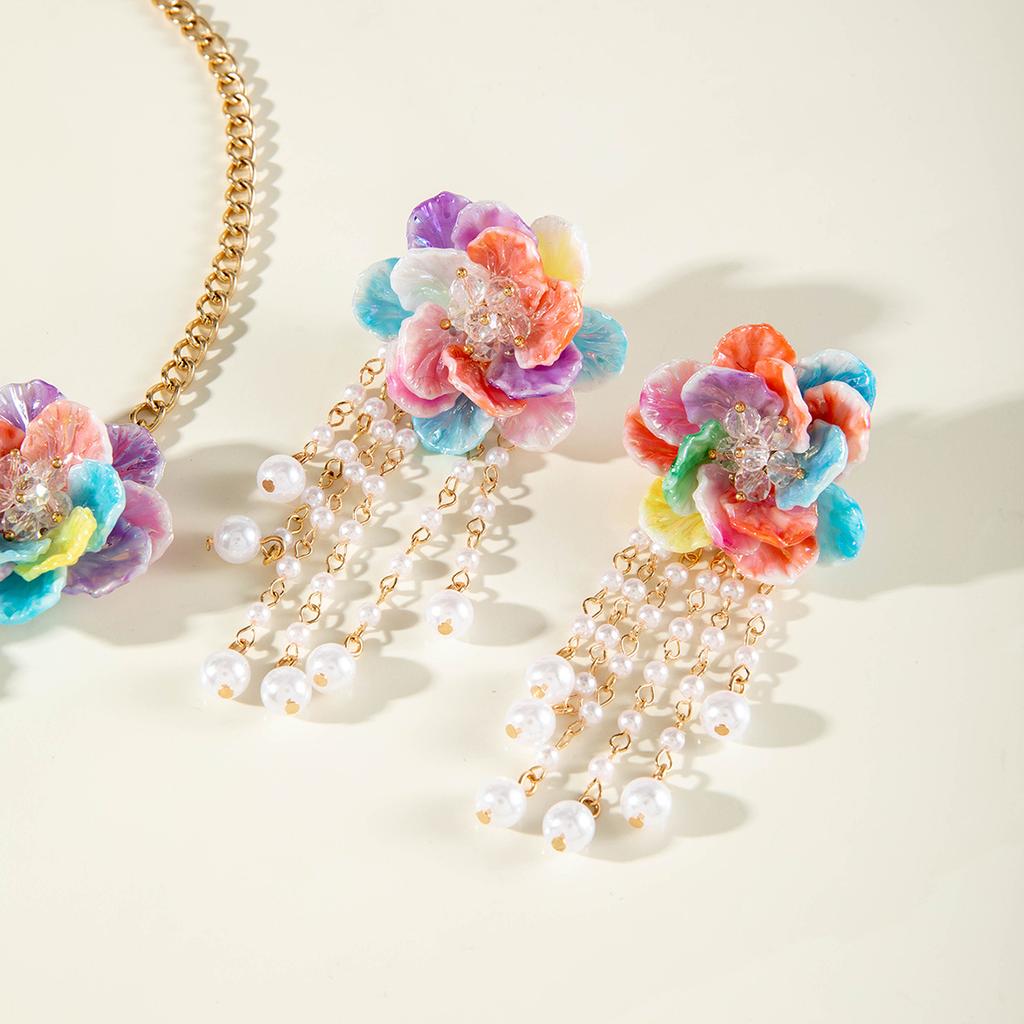 Bunte Dreidimensionale Blume Kurze Halskette Schlüsselbein Kette Ohrringe Für Frauen