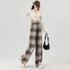 Women's Retro Black & White Plaid Wool Blend Wide-Leg Pants: Fleece-Lined, Thickened, Loose Fit for Autumn/Winter Casual Style.
